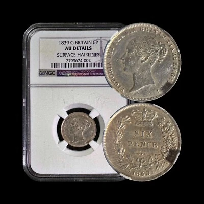 ENGLAND. 1839, 6 Pence, Silver - NGC AU - Victoria "VICoTORIA" MPD 0, Doubling - Image 1 of 4
