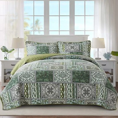 Cotton Bedspread Quilt Sets-Reversible Patchwork Coverlet Set, Green Classic ... - Image 1 of 4