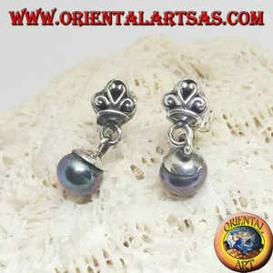 Orecchini Argento 925‰ da lobo con corona e perla grigia d'acqua dolce pendente - Foto 1 di 2