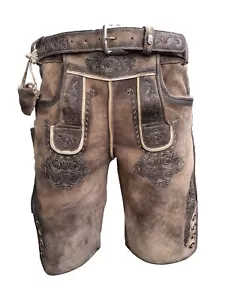 Kurze Herren Lederhose mit Gürtel, Hellbraun, Wildbockleder, Krone, Gr. 44-62 - Bild 1 von 7