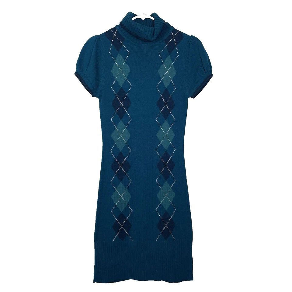 Vestido Suéter Derek Heart Para Mujer Azul Argyle Talla Med Manga Corta Cuello Alto Foto 1 de 4