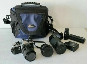 Pentax ME Manual Focus 35mm SLR Camera + 3 Lenses, Autowinder, Flash, Lowe Case - Picture 1 of 12