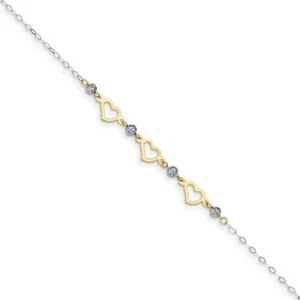 14k 14kt Two-tone Gold Oval Link Diamond Cut Beads & Heart Anklet 10 inch X 1mm - Picture 1 of 4