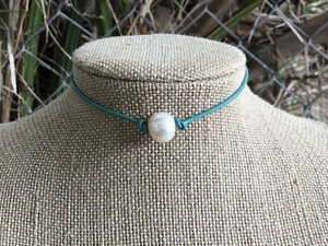 Pearl Choker, Single Freshwater Pearl and Leather Choker Necklace - Picture 1 of 180