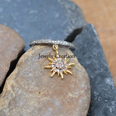 Pave Diamond Band With Starburst Connector Ring 925 Silver Minimalist Jewelry - Image 1 of 4