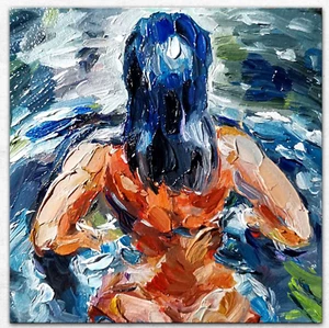 Original Oil Painting Swimming Young Woman Back Portrait wall art 4x4 Inches - Picture 1 of 8