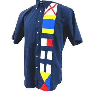 VTG Tommy Hilfiger Men Sz M Big Logo Color Block Flag Short Sleeve Button Shirt - Picture 1 of 6