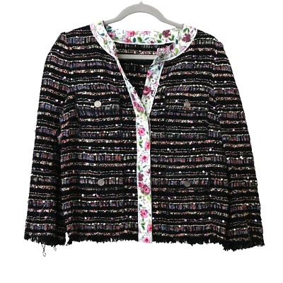 Dolce Gabbana Tweed Blazer Size 40 US 4 Black Pink Floral Neckline Flap Pockets - Image 1 of 4