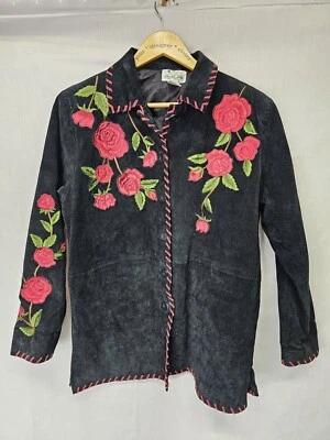 Chaqueta Quacker Factory Talla XS Cuero Negro Rosa Bordada Foto 1 de 3