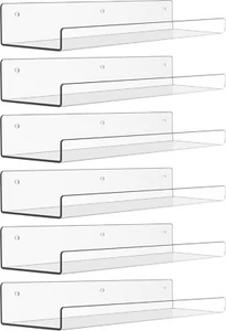 upsimples 6 Pack Acrylic Shelves for Wall Storage, 15" x 4“ Floating Bookshelves - Picture 1 of 6