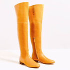 Zara Mustard Yellow Flat Genuine Leather Over The Knee Thigh Boots Sz 39