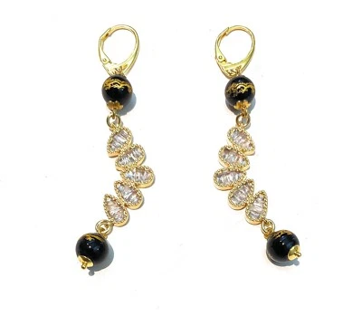 Orecchini Pendenti a Monachella Argento Sterling Zirconi Onice a Mezzaluna - Immagine 1 di 4