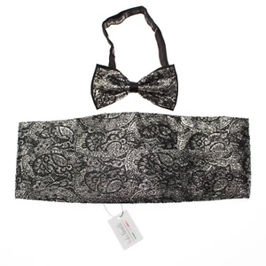 Italo Ferretti NWT Pleated Cummerbund & Bow Tie Set in Silver/Black Paisley - Picture 1 of 11