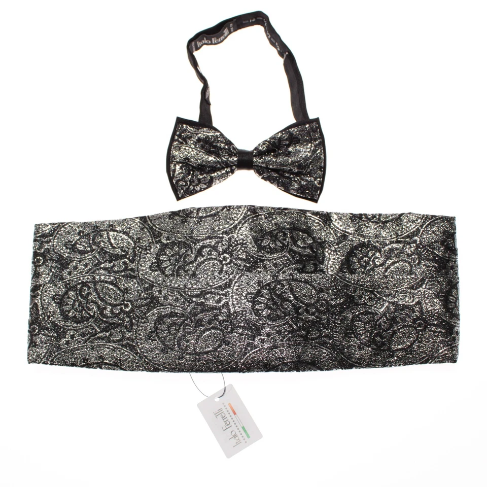 Italo Ferretti Nuevo con Etiquetas Conjunto de Faja y Pajarita Plisada en Cachemira Plateada/Negro Foto 1 de 4