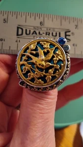 Sterling Silver Mars & Valentine Gold Bird on Blue Ring - Sz. 8 - Picture 1 of 8
