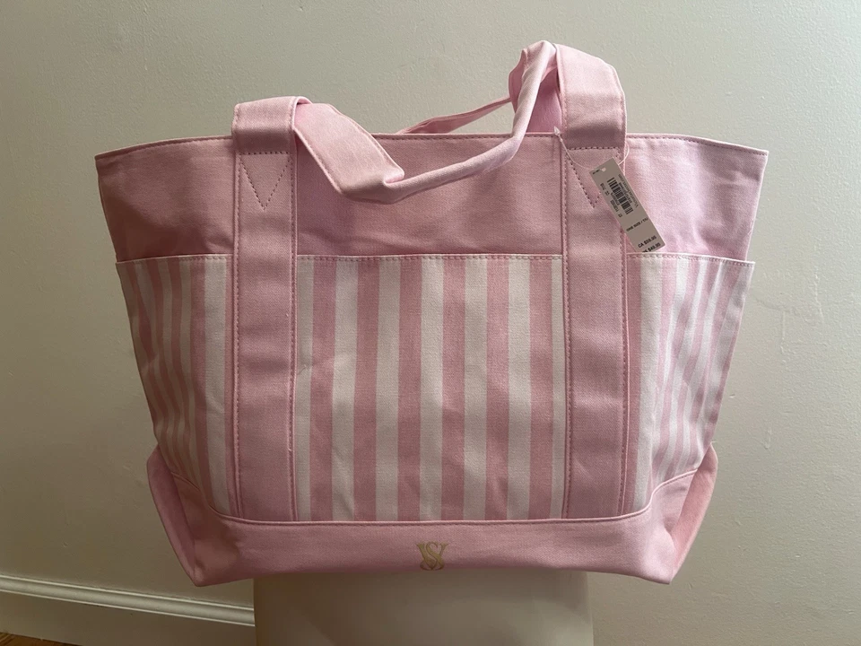 Victoria Secret Pocket Tote Bag Pink White Heritage Stripe Tote NWT - Image 1 of 1
