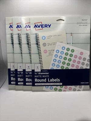 Lote - 4 Avery 34221 3/4 pulgadas blanco mate redondo {80 / hoja} 240 / paquete (960 Tot) Foto 1 de 4