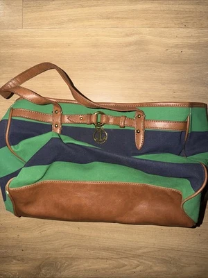 Tommy Hilfiger Large Canvas & Leather Tote Bag Green/Blue Striped Shoulder Bag - Image 1 of 4