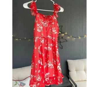 MISS BEHAVE Size 8 Girls Lined Chiffon Red/Orange Floral Print Tank Dress - Picture 1 of 7