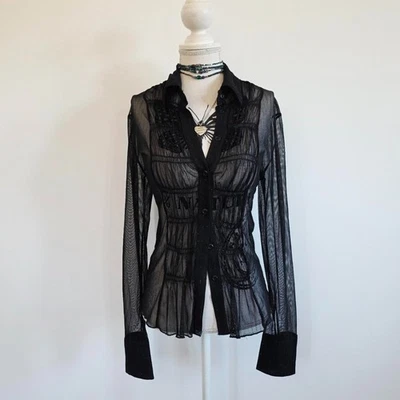 Y2k 00s vintage long sleeve whimsigoth gothic mesh button down glittery top S - Image 1 of 4