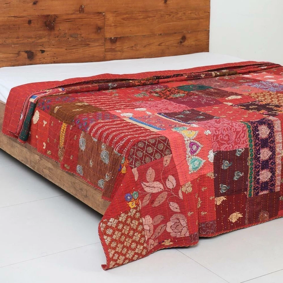 Cobertor de cama indiano feito à mão vintage seda patola colcha kantha boho - Imagem 1 de 4
