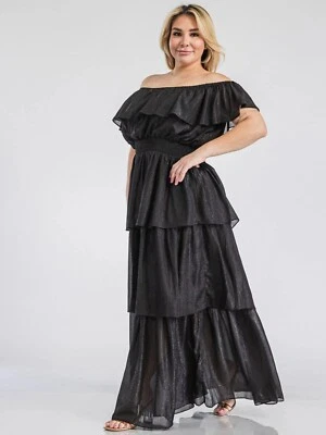 Maxi Vestido Para Mujer Talla Grande Negro Hombro Frío 3X Acentos con Volantes Brillo Foto 1 de 2