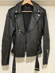 BCBG MaxAzria Womens Classic Moto Biker Jacket 100% Lamb Leather Black $598 Med. - Picture 1 of 14