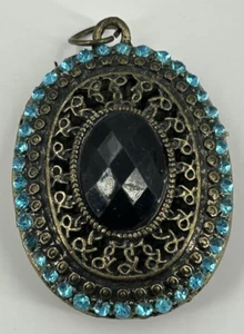 Antiqued Bronze Oval Pendant Blue Rhinestone Crown Black Faceted Filagree 1 3/4" - Picture 1 of 2