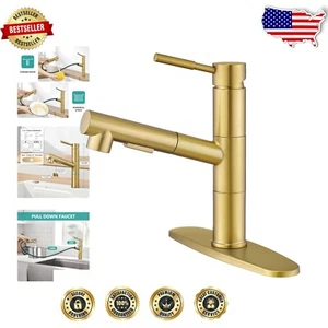 Rubinetto Cucina Oro Spazzolato Arco Basso con Spruzzatore Girevole 360° - Salvaspazio - Foto 1 di 9