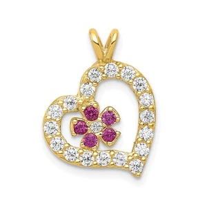 10k Yellow Gold Red & Clear Cubic Zirconia | CZ | Heart w/ Flower Tilted Pendant - Picture 1 of 3