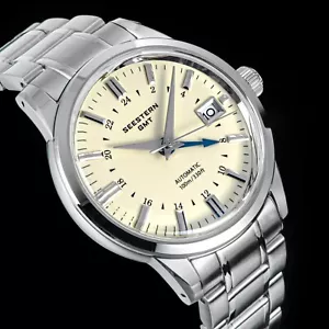 SEESTERN GMT, NH34, Ivory, Domed Sapphire Crystal, Bracelet and Leather, BNIB - Picture 1 of 21