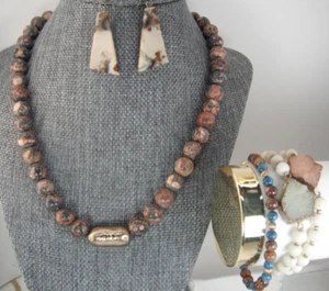 Blauer Jaspis Perlen Halskette Tigerauge Drusy Armband Jaspis Ohrring 5 Stück Set - Bild 1 von 21