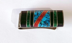 Vintage Navajo Silver Money Clip w/ Inlaid Turquoise, Malachite, etc. - Picture 1 of 6
