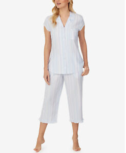 Eileen West Ruffle Trim Capri Pants Pajama Set Blue Stripe L