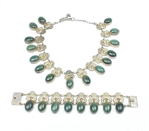 Vintage Mexican Sterling Silver Jade Necklace Bracelet Set Jewelry Signed 1940 - Picture 1 of 6