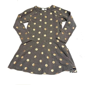 GAP Kids Drop Gray long Sleeve Gold Polka Dot Dress Girls 6-7 - Picture 1 of 6