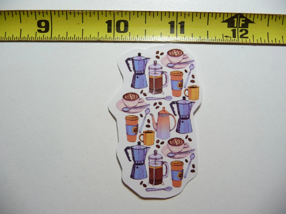 COLORFUL VARIOUS COFFEE ITEMS SMALL STICKER DECAL BEVERAGE MORNING WAKE UP FUN - Image 1 of 1