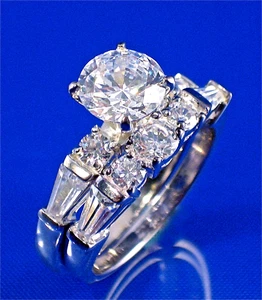 STERLING SILVER ROUND & BAGUETWHITE CZ ENGAGEMENT & WEDDING RING 2 PC SET, SZ-7 - Picture 1 of 8