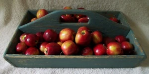 Vintage Folk Art Farmhouse Rustic Mini Apples in Country Blue Wood Caddy - Picture 1 of 8