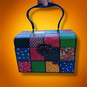 Vintage Patchwork Decoupage Wood Box Purse Ric Rac Trim Mod 1970s - Picture 1 of 8