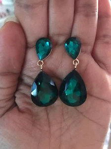 1.75" Dark Green Pine Gold Long Teardrop Crystal  Pageant Rhinestone Earrings - Picture 1 of 7