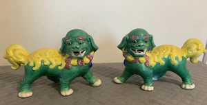 Foo Dogs Statue Porcelain Chinese Pair Guardian Green Yellow Red Home Decor - Picture 1 of 12