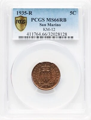 SAN MARINO 1935-R  5 CENTESIMI COIN SUPERB GEM UNCIRCULATED PCGS CERTIFIED MS-66 - Image 1 of 4