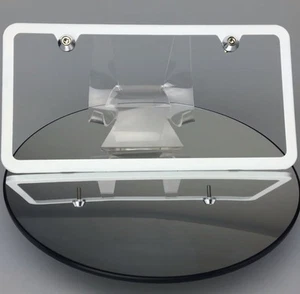 White Frame License Plate Tesla 2 Holes Slim w/ Aluminum Circle Type Screw Caps - Picture 1 of 9