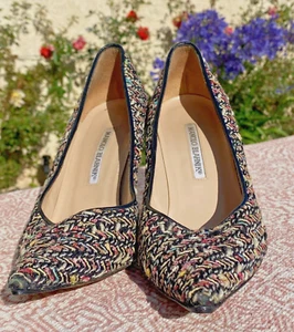 Manolo Blahnik Size 8 Eu 39 Tweed Patent Leather Heels Pumps Pointed Toe Vtg - Picture 1 of 6