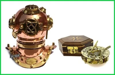 Nautical Military Brass Scuba Diving Copper Helmet & Shiny Brass Sundial Compass - Image 1 of 4