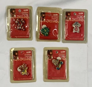 5 Vintage Christmas Magnetic Badge Flashing Light Pins Santa Tree Snowman Candy - Picture 1 of 7