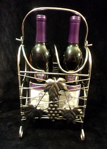 BURNISHED STAINLESS STEEL WINE RACK w/Handle and Grape Themed Appliques' - Picture 1 of 9