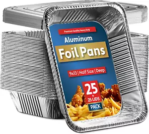 25 Pack Aluminum Pans Disposable 9X13 Baking Pan Chafing Trays Lids Half Size - Picture 1 of 1