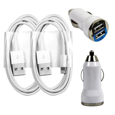 2x White Dual Output Fast 8-pin auto Car Chargers + Cord for iPhone 13 12 11 X - Image 1 of 4